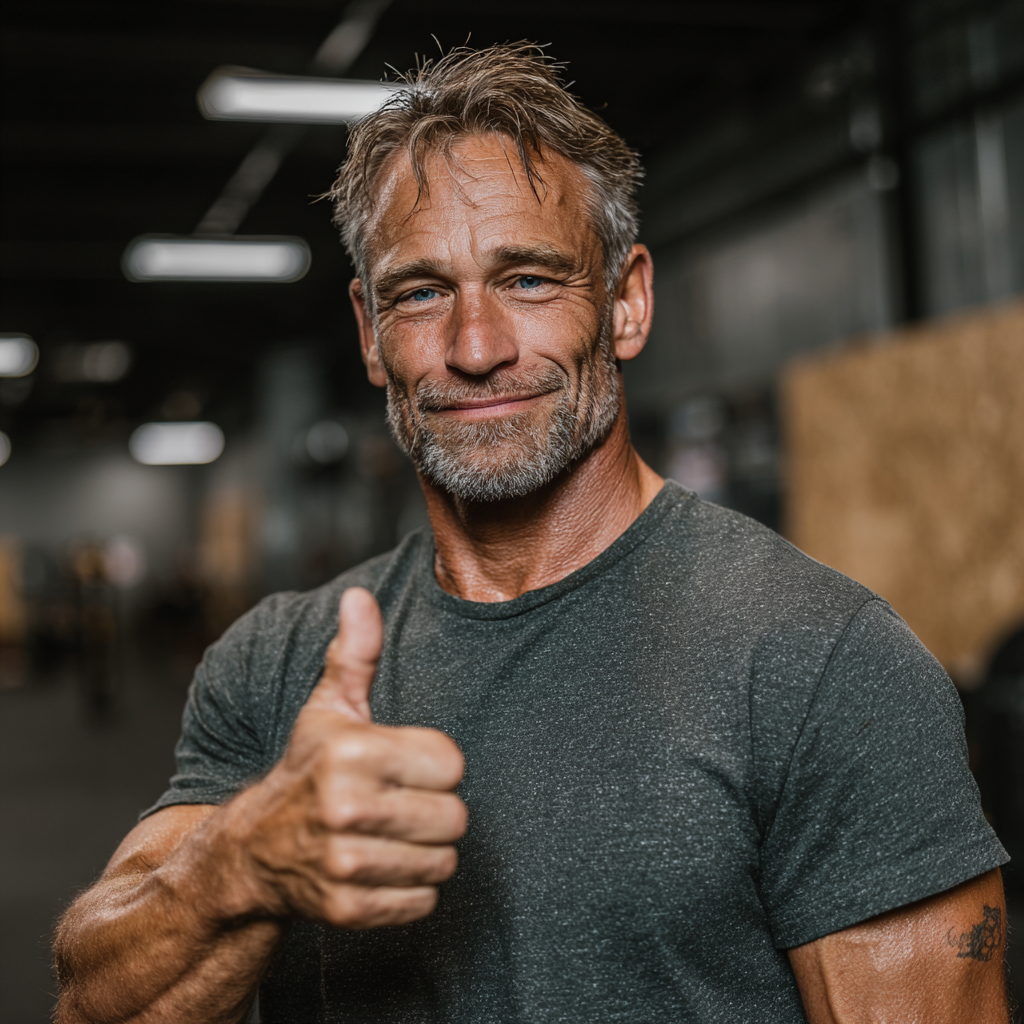 Hombre de 54 años sonriendo con satisfacción después de completar su primera clase gratuita en lurventosh, mostrando confianza y entusiasmo por continuar