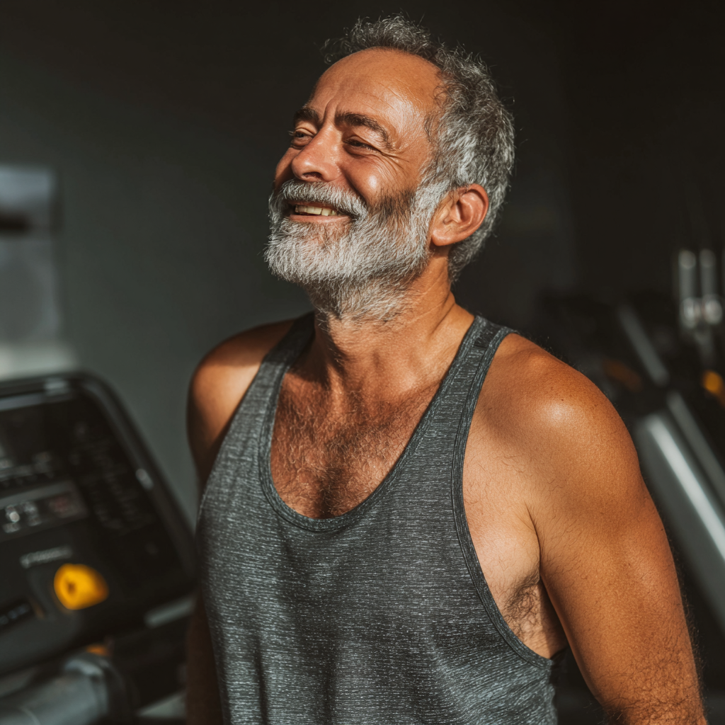 Hombre de 55 años sonriendo después de completar su rutina de ejercicios en lurventosh, mostrando satisfacción y energía renovada