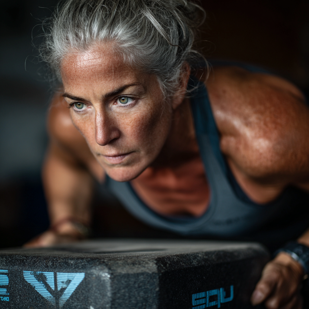 Mujer de 58 años realizando ejercicios de fuerza funcional en lurventosh, demostrando técnica correcta y concentración durante su entrenamiento