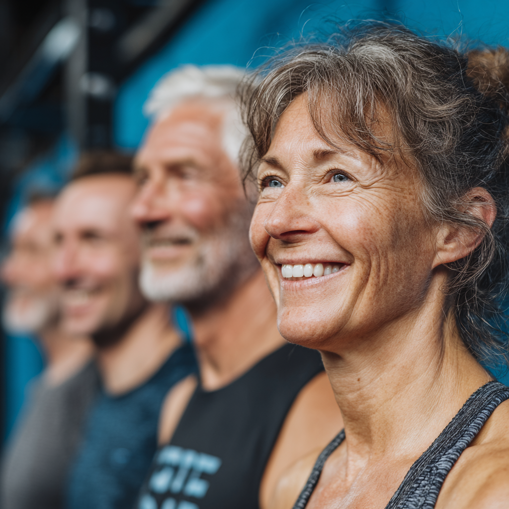 Grupo de personas entre 52 y 60 años participando en una clase grupal de lurventosh, mostrando compañerismo y alegría durante el entrenamiento